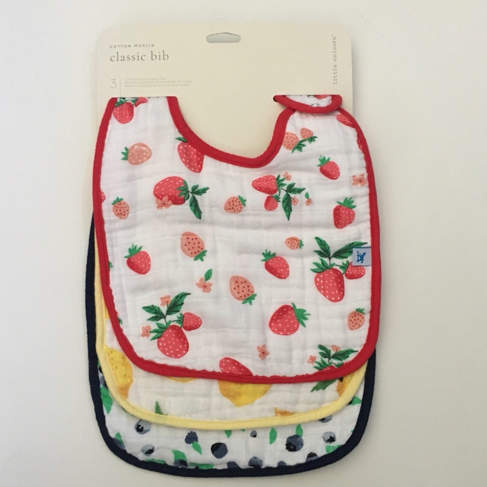 NEW Cotton Muslin Bib Set of 3 Strawberries Lemon Blueberries | Little Unicorn